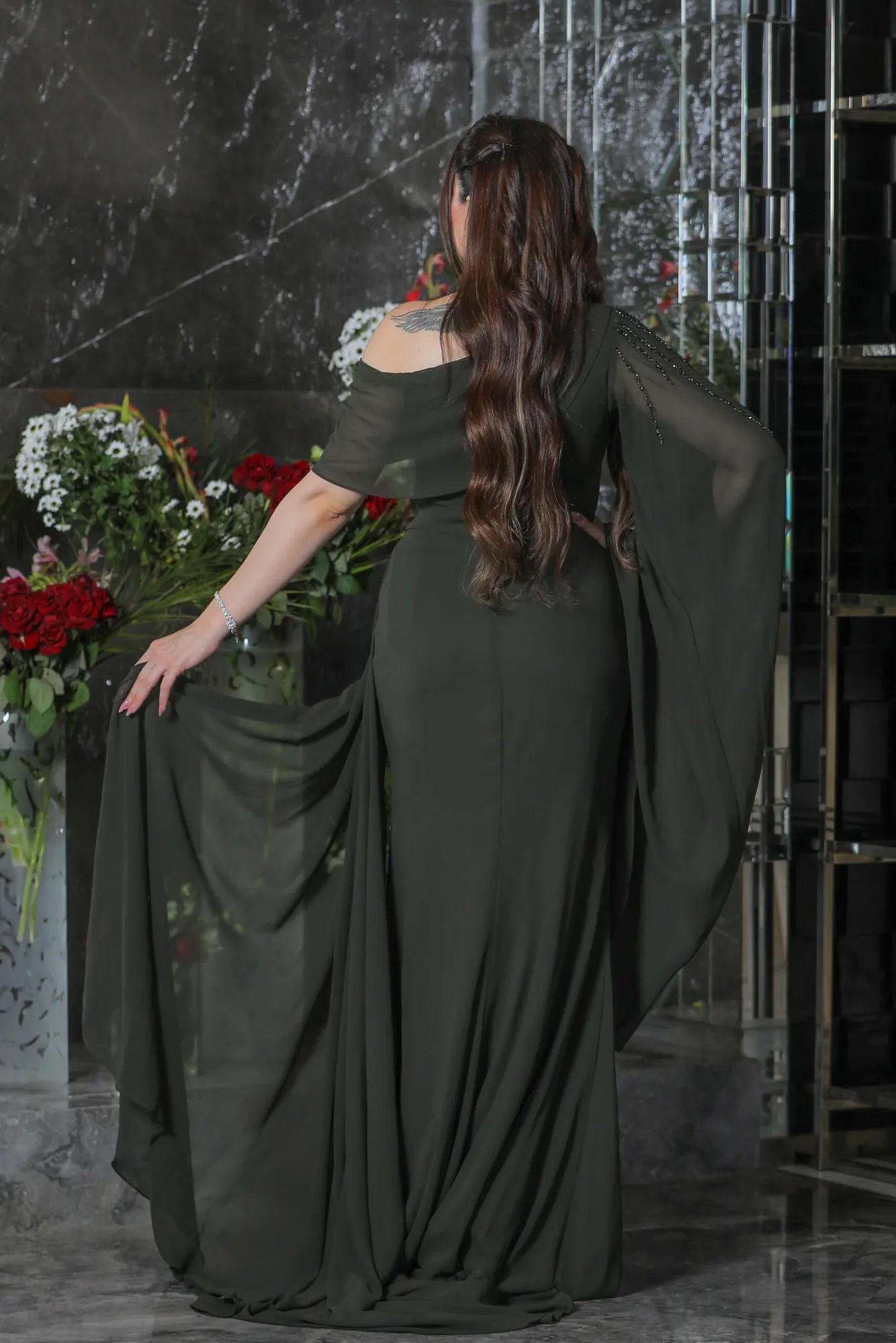 Asymmetrical Neck Long Sleeves A-Line Pleated Floor-Length Evening Dress