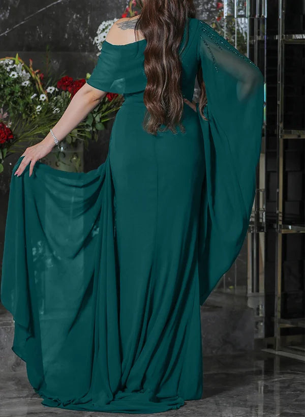 Asymmetrical Neck Long Sleeves A-Line Pleated Floor-Length Evening Dress