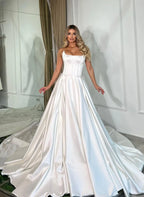 Prom Dress Ball Gown Glamorous Strapless Corset Bodice Satin White Lace Up Back And Sweep Train