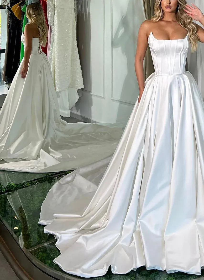 Prom Dress Ball Gown Glamorous Strapless Corset Bodice Satin White Lace Up Back And Sweep Train