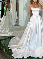 Prom Dress Ball Gown Glamorous Strapless Corset Bodice Satin White Lace Up Back And Sweep Train