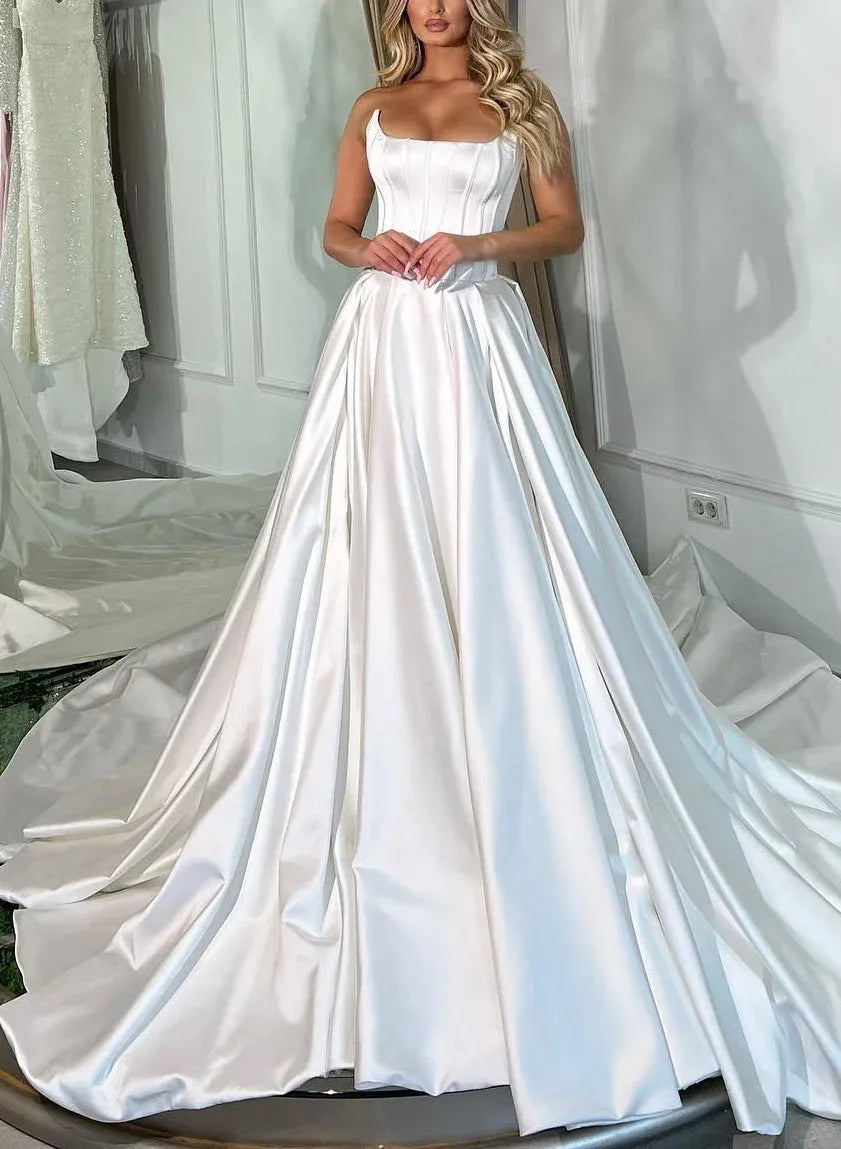 Prom Dress Ball Gown Glamorous Strapless Corset Bodice Satin White Lace Up Back And Sweep Train
