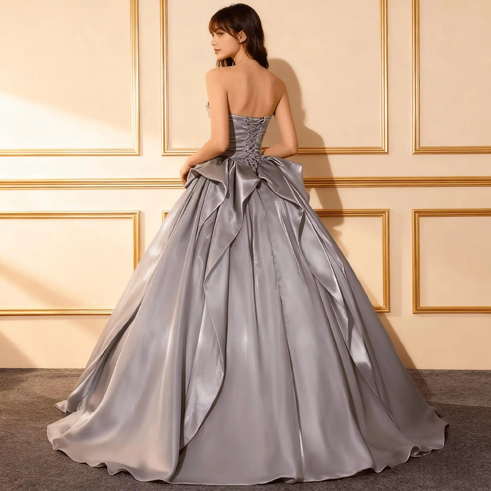 Prom Dress Ball Gown Strapless Grey With Glamorous Ruched Draped Bodice And Lace Up Back For Formal Nights