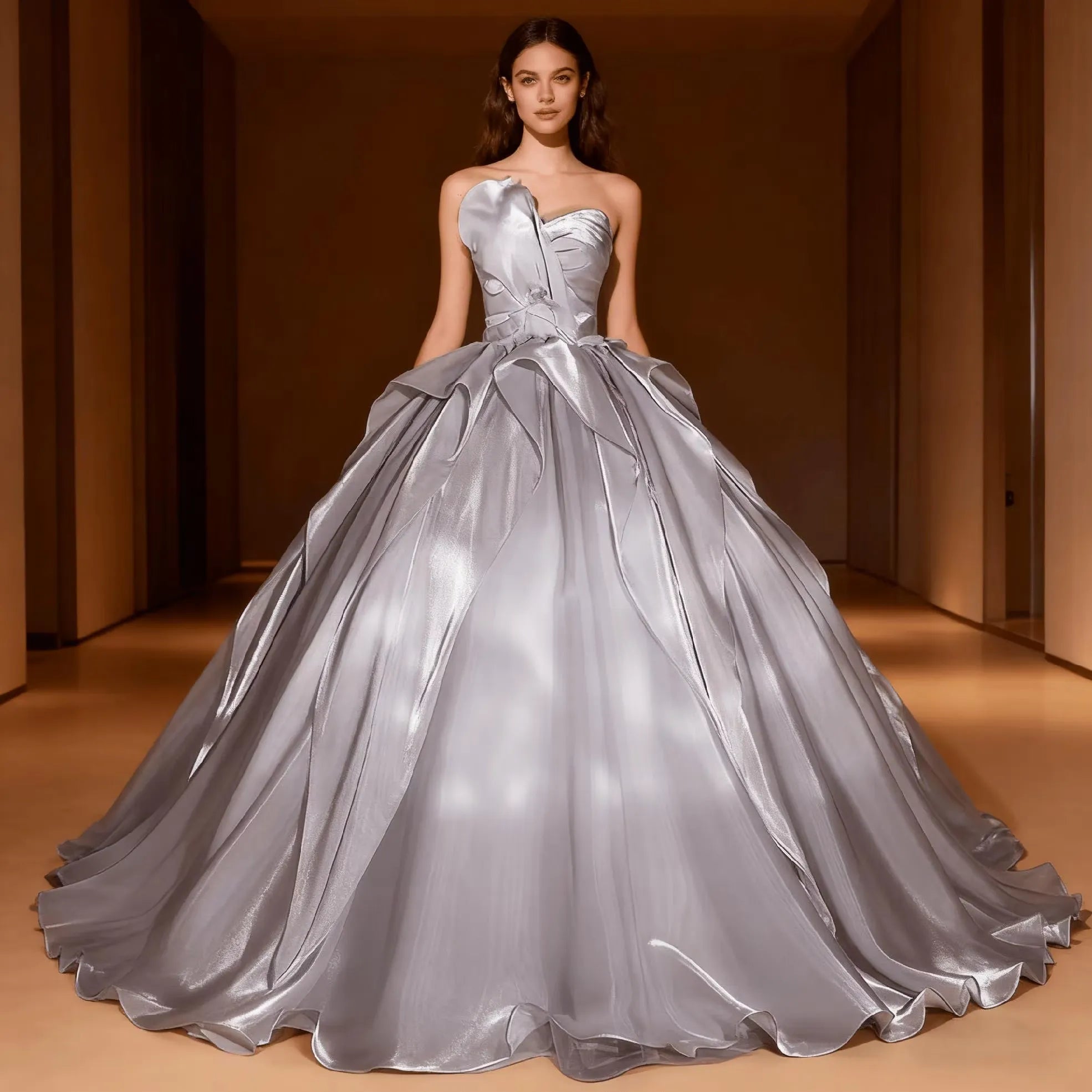 Prom Dress Ball Gown Strapless Grey With Glamorous Ruched Draped Bodice And Lace Up Back For Formal Nights