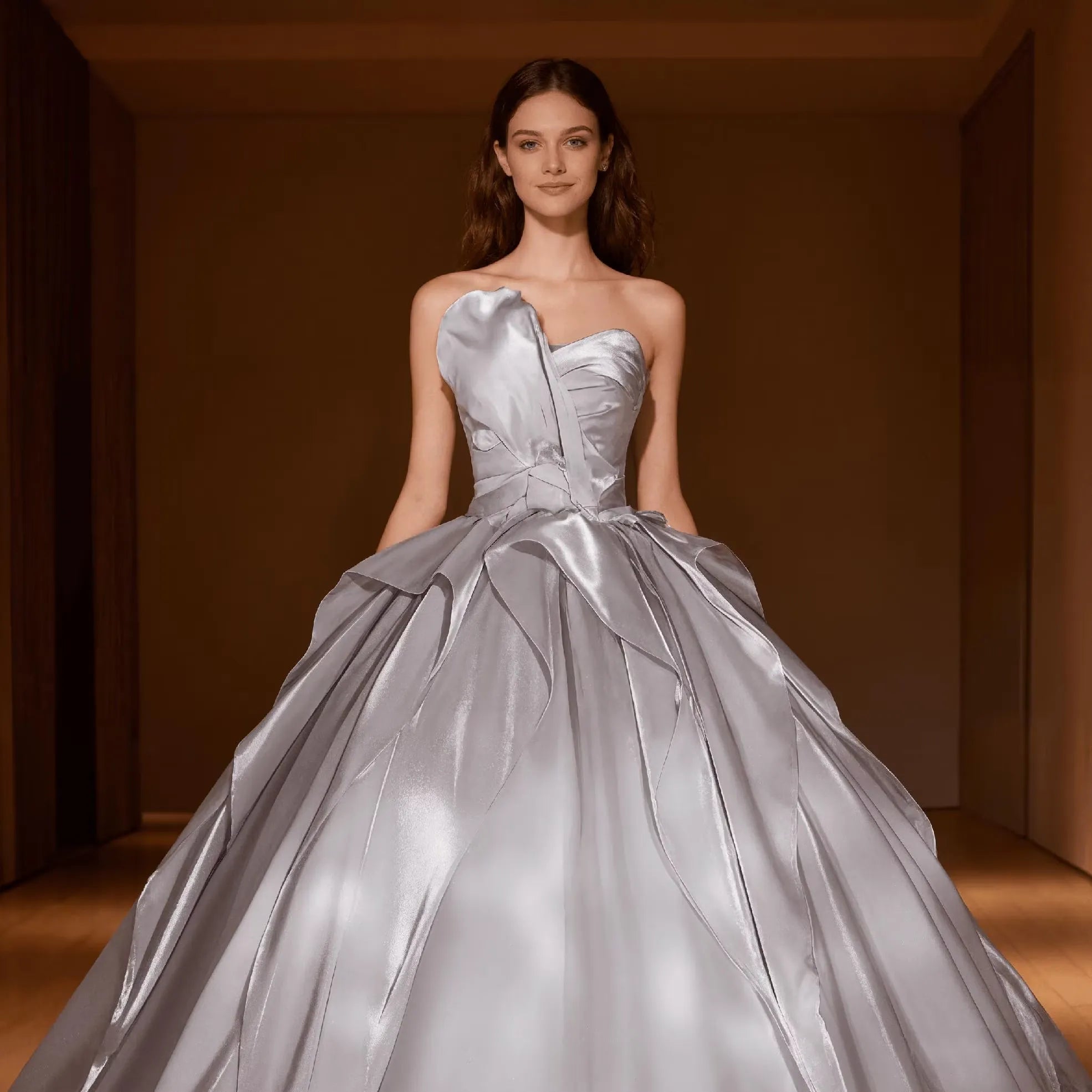Prom Dress Ball Gown Strapless Grey With Glamorous Ruched Draped Bodice And Lace Up Back For Formal Nights