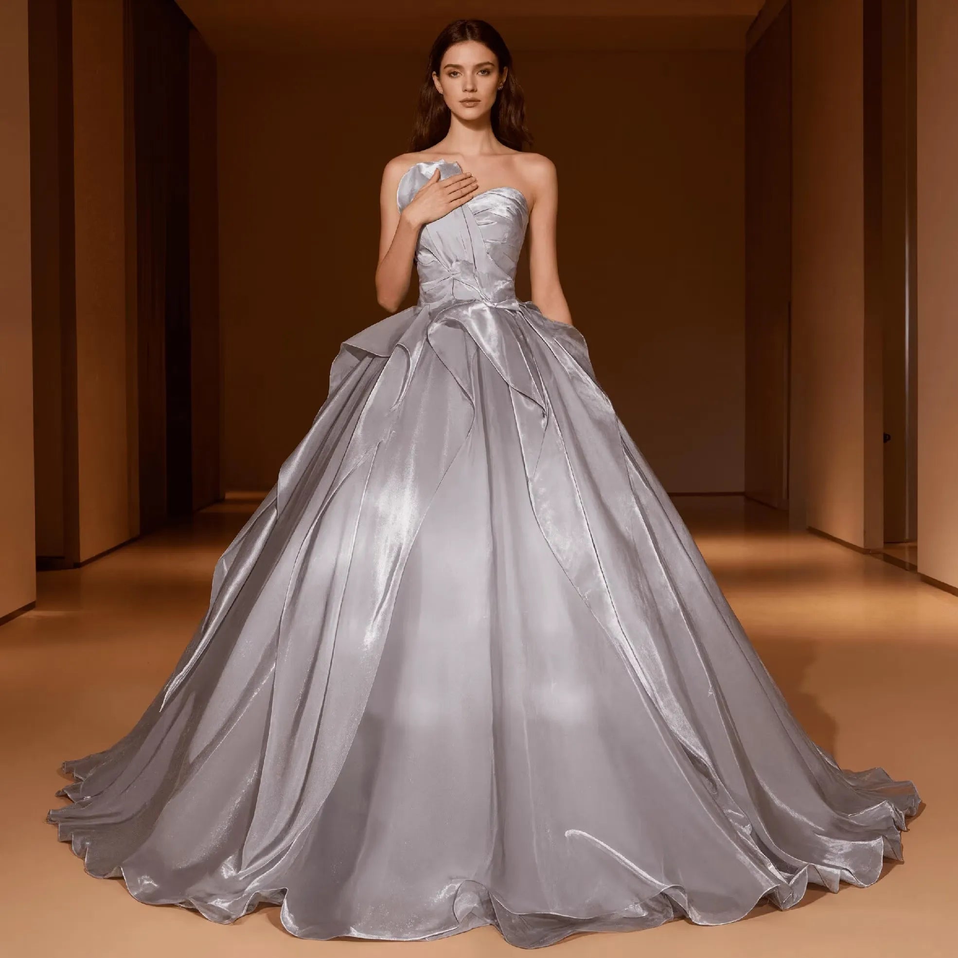 Prom Dress Ball Gown Strapless Grey With Glamorous Ruched Draped Bodice And Lace Up Back For Formal Nights