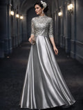 Elegant A-line High Neck Half Sleeve Sequined Silver Maxi Prom Dress for Women Custom