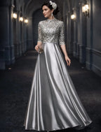 Elegant A-line High Neck Half Sleeve Sequined Silver Maxi Prom Dress for Women Custom