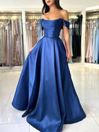 Elegant Ball Gown Off Shoulder Corset Satin Blue Floor Length Prom Dresses