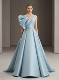 Elegant Ball Gown One Shoulder Pleated Ruffle Sky Blue Train Prom Dress