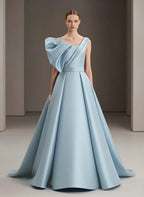 Elegant Ball Gown One Shoulder Pleated Ruffle Sky Blue Train Prom Dress