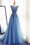 Elegant Ball Gown Round Neck Cap Sleeve Applique Dusty Blue Floor-Length Prom Dresses