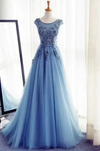 Elegant Ball Gown Round Neck Cap Sleeve Applique Dusty Blue Floor-Length Prom Dresses