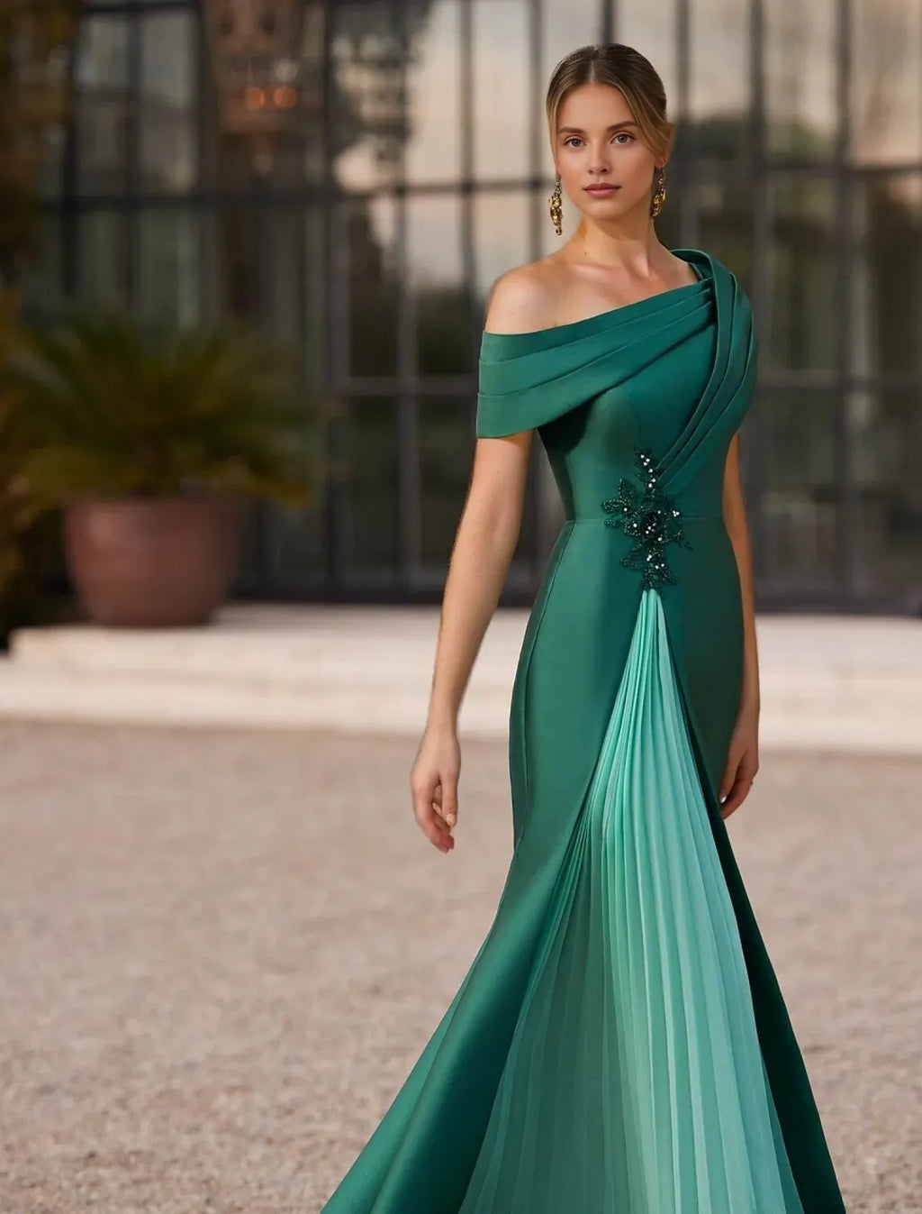 Ball Gown Short Sleeve One Shoulder Appliques Floor-Length Mother Of The Bride Dress