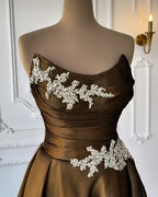 Elegant Ball Gown Strapless Ruched Rhinestones Chocolate Floor Length Prom Dress
