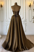 Elegant Ball Gown Strapless Ruched Rhinestones Chocolate Floor Length Prom Dress