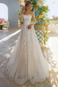 Bateau-Neck Long-Sleeves A-Line Applique Long Wedding Dress