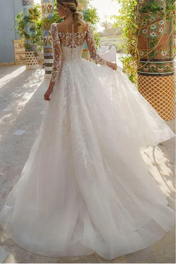 Bateau-Neck Long-Sleeves A-Line Applique Long Wedding Dress