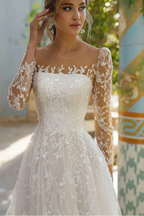 Bateau-Neck Long-Sleeves A-Line Applique Long Wedding Dress
