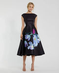 Black Dress Elegant Cap Sleeve Midi Dress With Floral Print Midi Dress Evening Dress A-Line Cap Sleeves Prom Dress