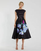Black Dress Elegant Cap Sleeve Midi Dress With Floral Print Midi Dress Evening Dress A-Line Cap Sleeves Prom Dress
