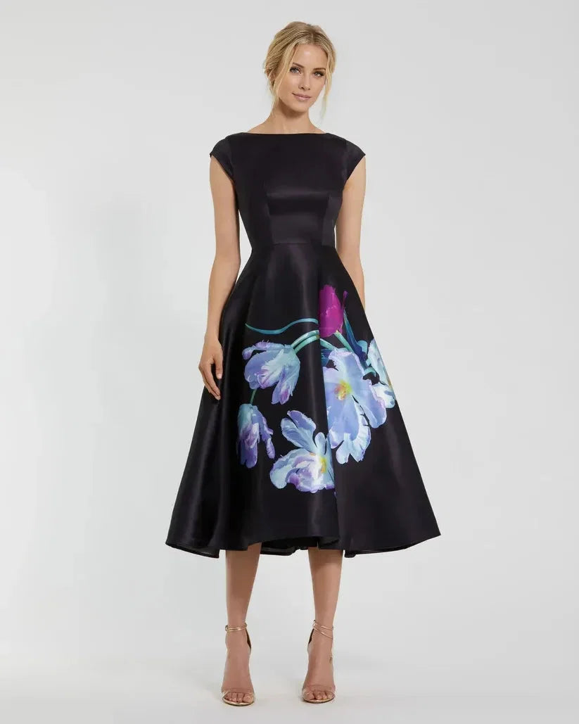 Black Dress Elegant Cap Sleeve Midi Dress With Floral Print Midi Dress Evening Dress A-Line Cap Sleeves Prom Dress