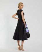 Black Dress Elegant Cap Sleeve Midi Dress With Floral Print Midi Dress Evening Dress A-Line Cap Sleeves Prom Dress