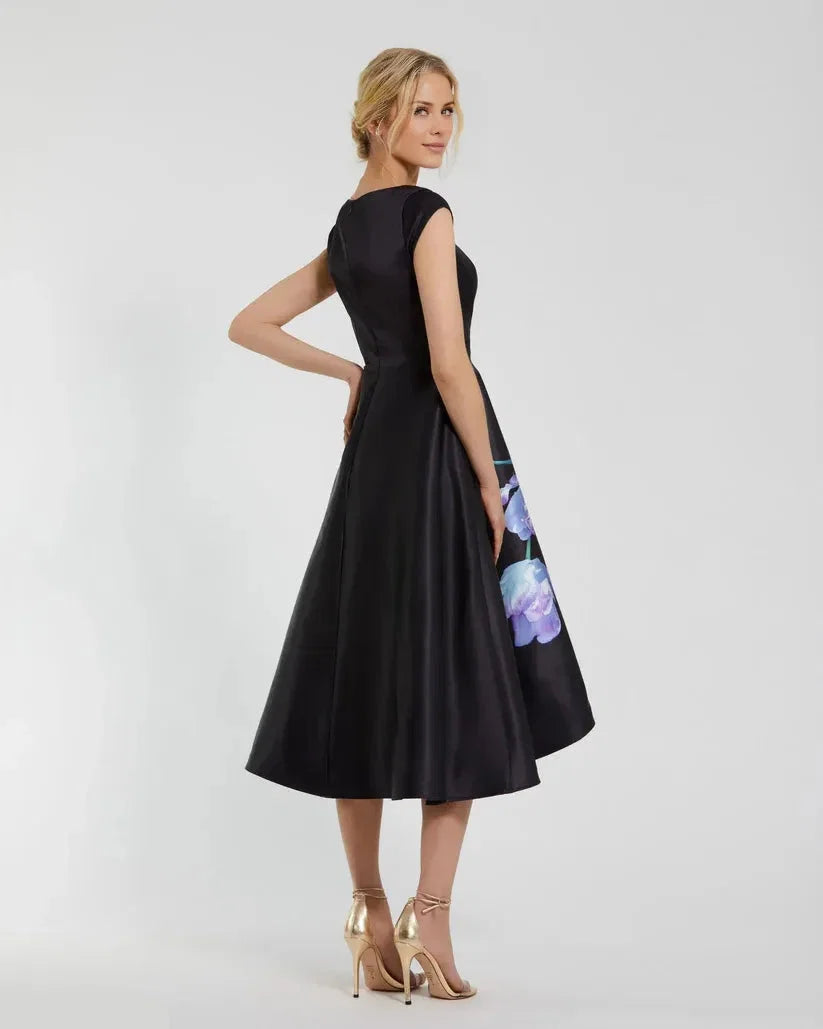 Black Dress Elegant Cap Sleeve Midi Dress With Floral Print Midi Dress Evening Dress A-Line Cap Sleeves Prom Dress