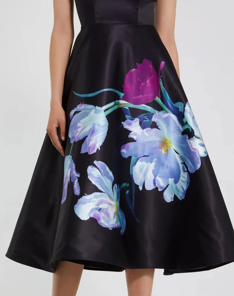Black Dress Elegant Cap Sleeve Midi Dress With Floral Print Midi Dress Evening Dress A-Line Cap Sleeves Prom Dress