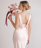 Elegant Blush Pink Bateau Neck Satin Sleeveless Low Back Bodycon Floor-length Bridesmaid Dresses