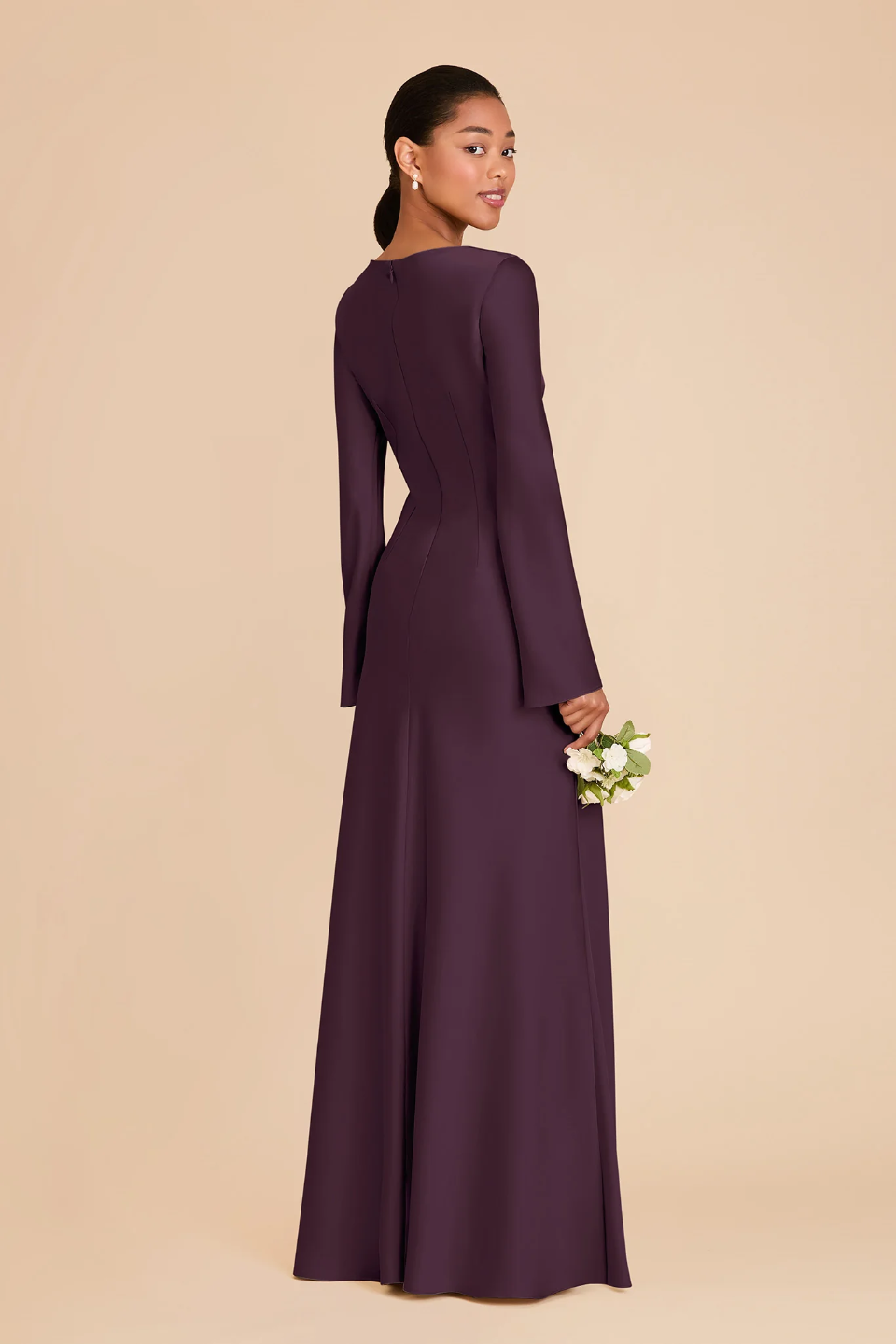 Elegant Boat Neck Satin Bridesmaid Dress with Bell Sleeves and Flounced Mermaid Skirt