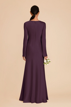 Elegant Boat Neck Satin Bridesmaid Dress with Bell Sleeves and Flounced Mermaid Skirt