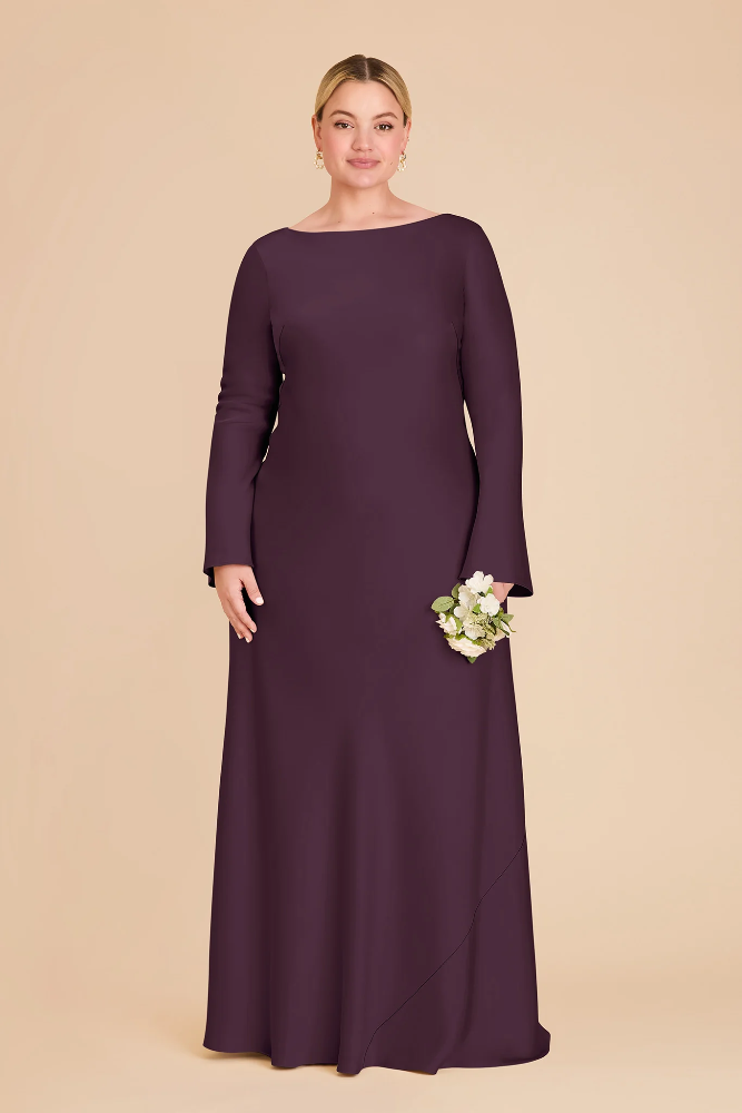Elegant Boat Neck Satin Bridesmaid Dress with Bell Sleeves and Flounced Mermaid Skirt