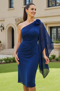 Bodycon One Shoulder Flutter Sleeve Solid Color Tea-Length Mother of the Bride Dress