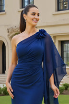 Bodycon One Shoulder Flutter Sleeve Solid Color Tea-Length Mother of the Bride Dress