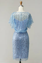 Bodycon Scoop-Neck Butterfly Sleeve Sheer Back Knee-Length Mother of the Bride Dress