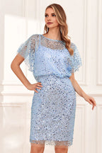 Bodycon Scoop-Neck Butterfly Sleeve Sheer Back Knee-Length Mother of the Bride Dress