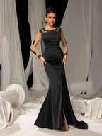 Bodycon Scoop Neck Sheer Long Sleeves Zipper Up Floor-Length Prom Dress