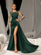 Bodycon Scoop Neck Sheer Long Sleeves Zipper Up Floor-Length Prom Dress