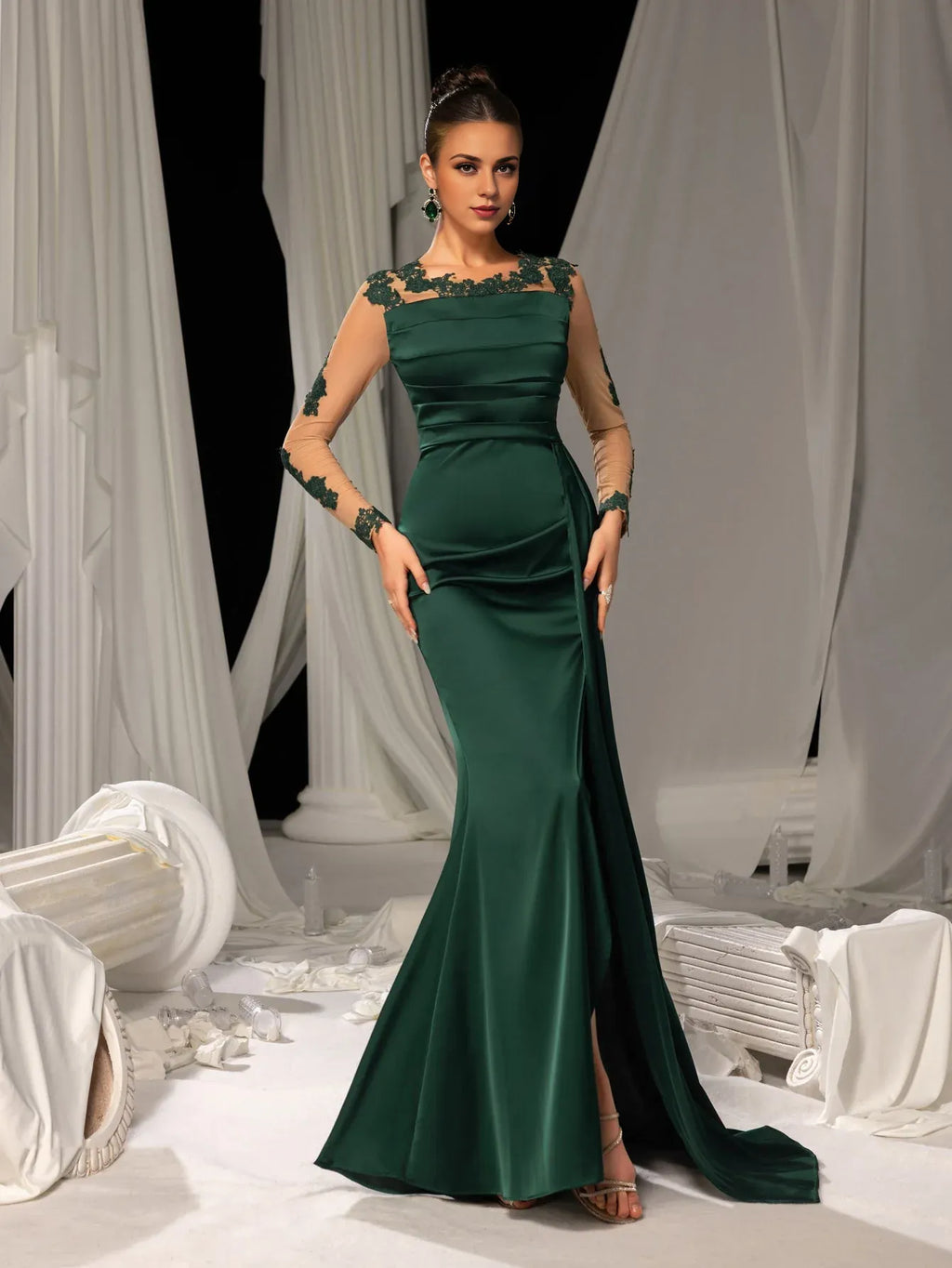 Bodycon Scoop Neck Sheer Long Sleeves Zipper Up Floor-Length Prom Dress