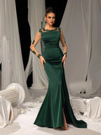 Bodycon Scoop Neck Sheer Long Sleeves Zipper Up Floor-Length Prom Dress