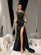Bodycon Scoop Neck Sheer Long Sleeves Zipper Up Floor-Length Prom Dress