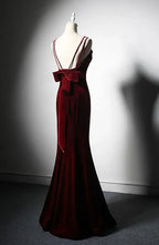 Elegant Burgundy Spaghetti Straps Velvet Mermaid Prom Dress Evening Dress
