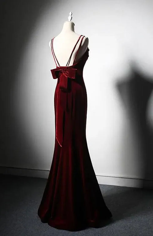 Elegant Burgundy Spaghetti Straps Velvet Mermaid Prom Dress Evening Dress