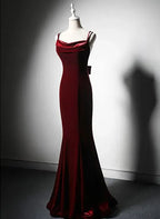 Elegant Burgundy Spaghetti Straps Velvet Mermaid Prom Dress Evening Dress