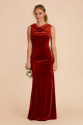 Elegant Burnt Orange Velvet Cowl Neck Sleeveless Maxi Bridesmaid Dress with Streamlined Silhouette