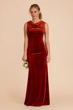 Elegant Burnt Orange Velvet Cowl Neck Sleeveless Maxi Bridesmaid Dress with Streamlined Silhouette