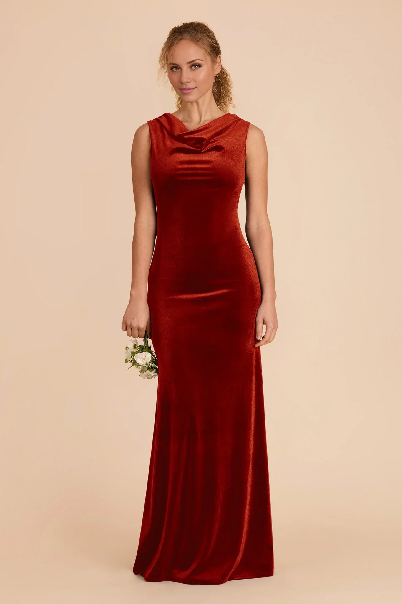 Elegant Burnt Orange Velvet Cowl Neck Sleeveless Maxi Bridesmaid Dress with Streamlined Silhouette