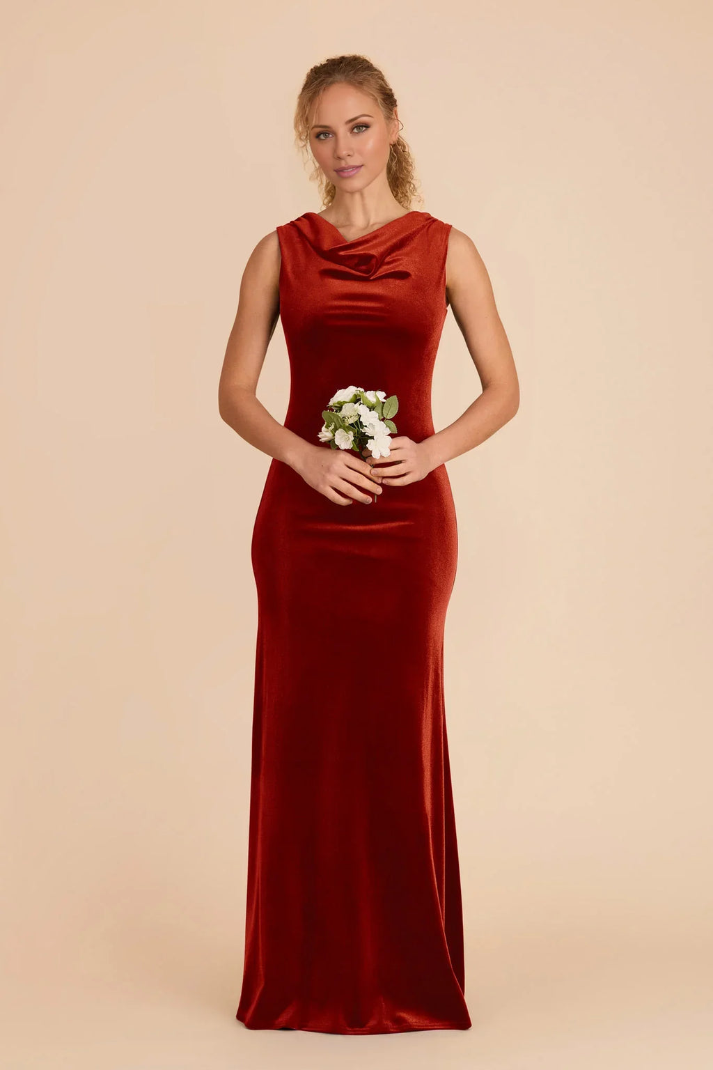 Elegant Burnt Orange Velvet Cowl Neck Sleeveless Maxi Bridesmaid Dress with Streamlined Silhouette