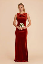Elegant Burnt Orange Velvet Cowl Neck Sleeveless Maxi Bridesmaid Dress with Streamlined Silhouette